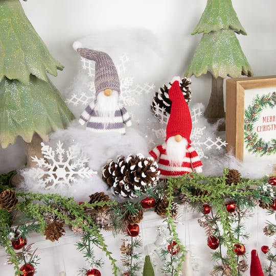 Set of 2 Red and Gray Striped Gnome Plush Christmas Ornaments 6.25"